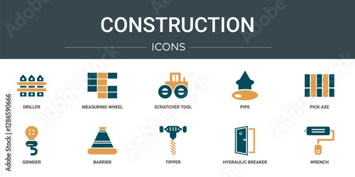 set of 10 outline web construction icons such as driller, measuring wheel, scratcher tool, pipe, pick axe, grinder, barrier vector icons for report, presentation, diagram, web design, mobile app