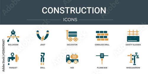 set of 10 outline web construction icons such as bulldozer, joist, excavator, cordless drill, safety glasses, parquet, drill vector icons for report, presentation, diagram, web design, mobile app