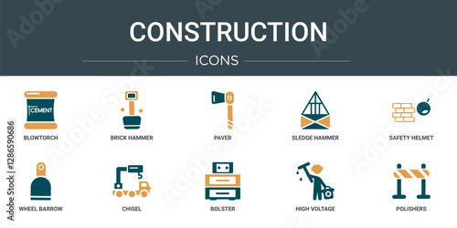set of 10 outline web construction icons such as blowtorch, brick hammer, paver, sledge hammer, safety helmet, wheel barrow, chisel vector icons for report, presentation, diagram, web design, mobile