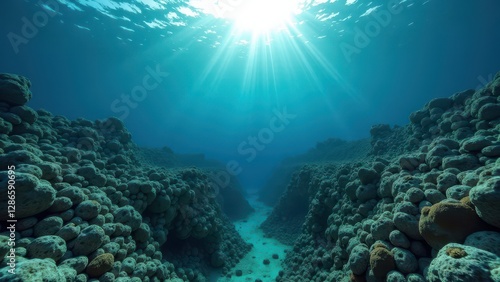 Wallpaper Mural Underwater view of bleached coral reef with deep crevice and sun rays filtering through clear water	 Torontodigital.ca