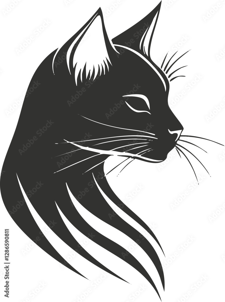 Obraz premium Black silhouette illustration of a cat's head with elegant lines.