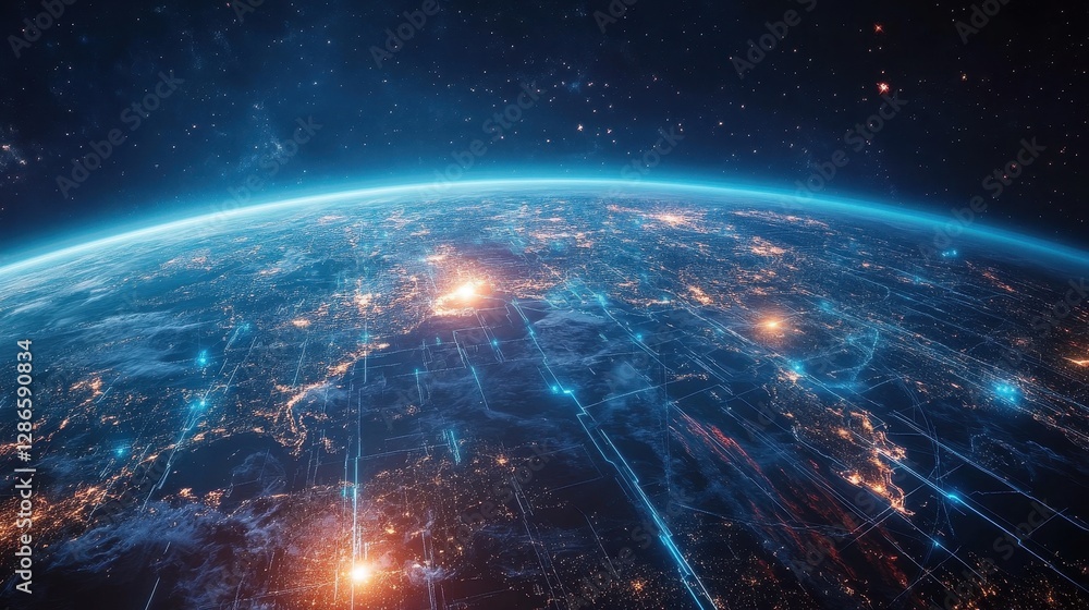 A futuristic Earth with bright digital pathways connecting major cities, highlighting a globalized world of technology and business. A futuristic Earth with bright digital pathways connecting major cities, highlighting a globalized world of technology and business.
