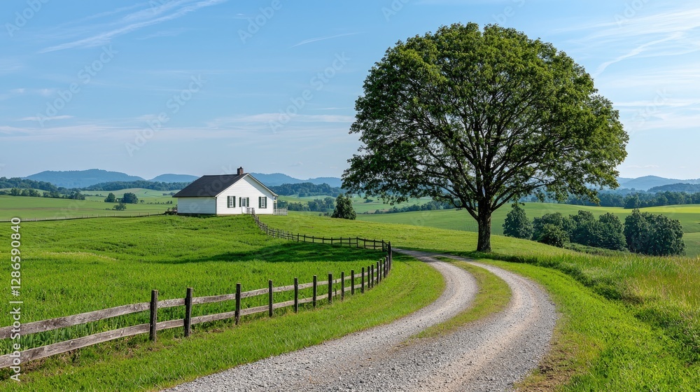 Rural white house, tree-lined road, sunny valley Rural white house, tree-lined road, sunny valley