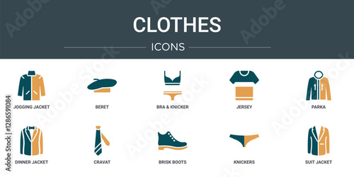 set of 10 outline web clothes icons such as jogging jacket, beret, bra & knicker, jersey, parka, dinner jacket, cravat vector icons for report, presentation, diagram, web design, mobile app