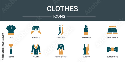 set of 10 outline web clothes icons such as kurta, ushanka, stockings, dungarees, swim shorts, necktie, pijama vector icons for report, presentation, diagram, web design, mobile app