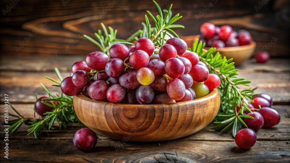 A generous helping of ripe red grapes piled high in a rustic wooden bowl, with a few sprigs of fresh rosemary and thyme adding fragrance and texture , organic, still life A generous helping of ripe red grapes piled high in a rustic wooden bowl, with a few sprigs of fresh rosemary and thyme adding fragrance and texture , organic, still life
