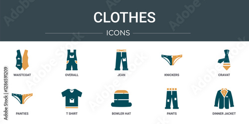 set of 10 outline web clothes icons such as waistcoat, overall, jean, knickers, cravat, panties, t shirt vector icons for report, presentation, diagram, web design, mobile app