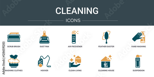 set of 10 outline web cleaning icons such as scrub brush, dust pan, air freshener, feather duster, hand washing, washing clothes, hoover vector icons for report, presentation, diagram, web design,