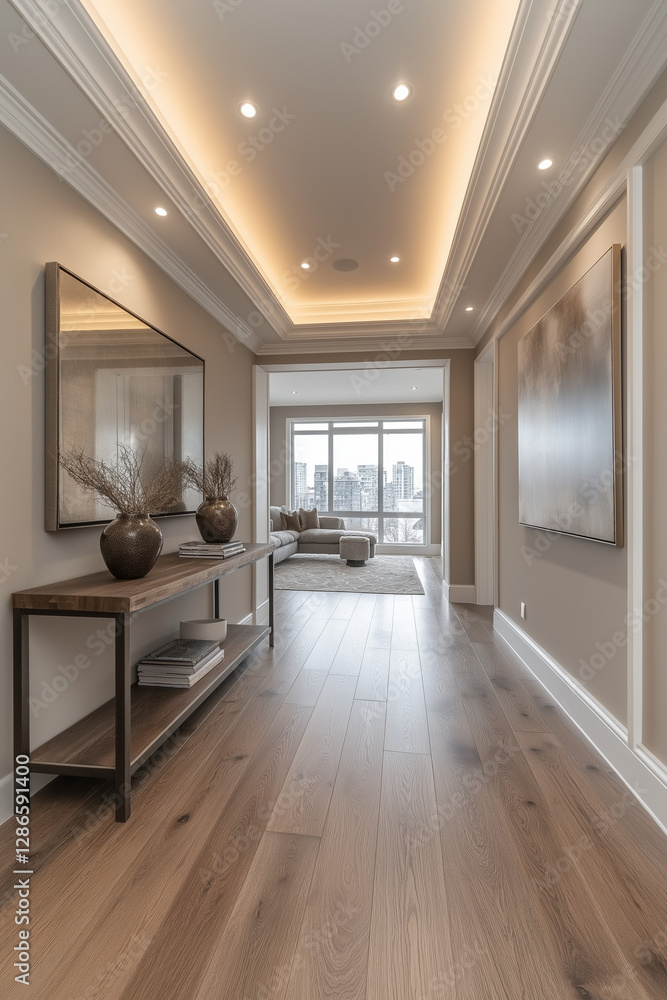 Photographie immobilière d’une entrée moderne avec une console en bois suspendue, grand miroir décoratif, tableau, éclairage encastré doux et plantes Photographie immobilière d’une entrée moderne avec une console en bois suspendue, grand miroir décoratif, tableau, éclairage encastré doux et plantes