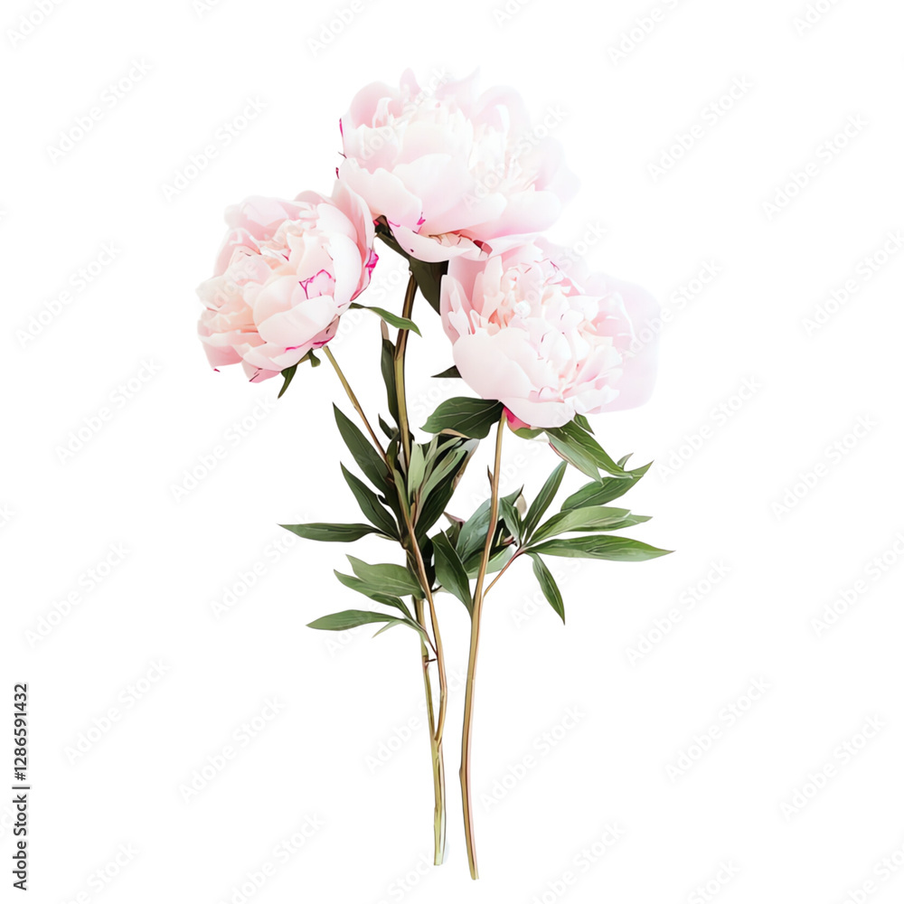 Three light pink peony flowers with lush, ruffled petals are arranged on long, slender green stems. Three light pink peony flowers with lush, ruffled petals are arranged on long, slender green stems.