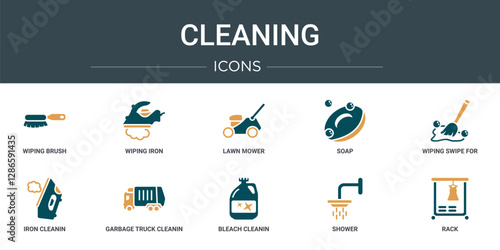 set of 10 outline web cleaning icons such as wiping brush, wiping iron, lawn mower, soap, wiping swipe for floors, iron cleanin, garbage truck cleanin vector icons for report, presentation, diagram,