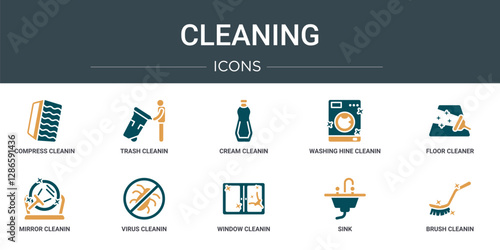 set of 10 outline web cleaning icons such as compress cleanin, trash cleanin, cream cleanin, washing hine floor cleaner, mirror virus vector icons for report, presentation, diagram, web design,