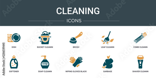 set of 10 outline web cleaning icons such as dish, bucket cleanin, brush, leaf cleanin, comb cleanin, softener, soap vector icons for report, presentation, diagram, web design, mobile app