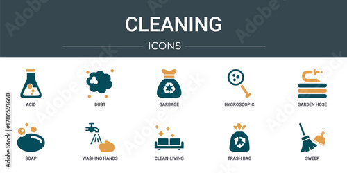 set of 10 outline web cleaning icons such as acid, dust, garbage, hygroscopic, garden hose, soap, washing hands vector icons for report, presentation, diagram, web design, mobile app