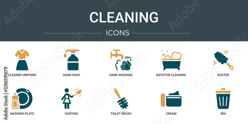 set of 10 outline web cleaning icons such as cleaner uniform, hand soap, hand washing, bathtub cleaning, duster, washing plate, dusting vector icons for report, presentation, diagram, web design,