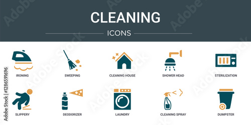 set of 10 outline web cleaning icons such as ironing, sweeping, cleaning house, shower head, sterilization, slippery, deodorizer vector icons for report, presentation, diagram, web design, mobile