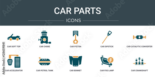 set of 10 outline web car parts icons such as car soft top, car choke, piston, dipstick, catalytic converter, accelerator, petrol tank vector icons for report, presentation, diagram, web design,