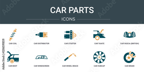 set of 10 outline web car parts icons such as car coil, car distributor, starter, taiate, fascia (british), boot, windscreen vector icons for report, presentation, diagram, web design, mobile app