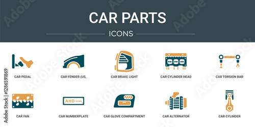 set of 10 outline web car parts icons such as car pedal, car fender (us, canadian), brake light, cylinder head, torsion bar, fan, numberplate vector icons for report, presentation, diagram, web