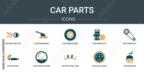 set of 10 outline web car parts icons such as car seat belt or safety belt, car handbrake, spare wheel, wheel nut, camshaft, tailpipe, petrol gauge vector icons for report, presentation, diagram,