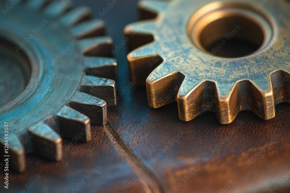 Close-up of two intricately detailed bronze gears, resting on a rich brown leather surface. Close-up of two intricately detailed bronze gears, resting on a rich brown leather surface.