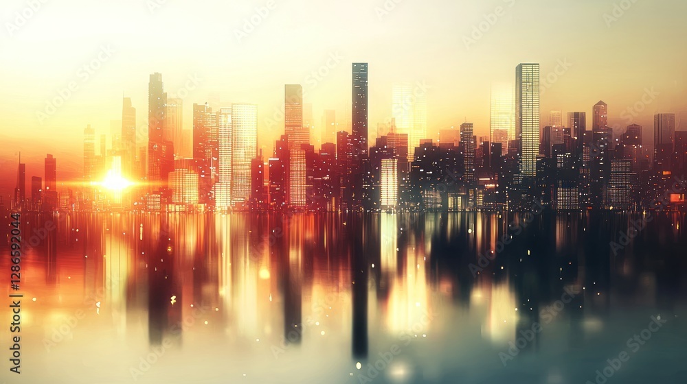 Fototapeta premium Sunset Cityscape: Golden Hour Reflection