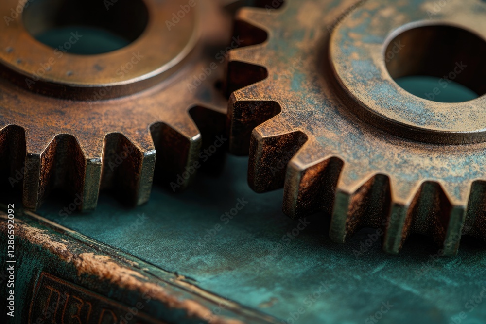 Close-up of two rusty bronze gears interlocked, resting on an antique book. Close-up of two rusty bronze gears interlocked, resting on an antique book.