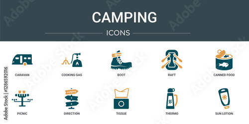 set of 10 outline web camping icons such as caravan, cooking gas, boot, raft, canned food, picnic, direction vector icons for report, presentation, diagram, web design, mobile app