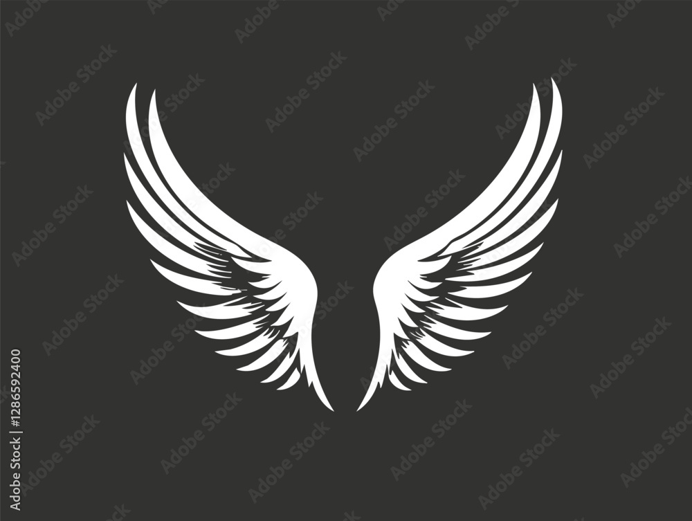 White angel wings on a black background representing freedom and spirituality. White angel wings on a black background representing freedom and spirituality.