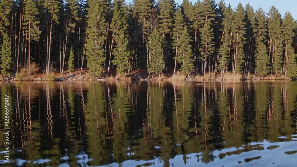 Tranquil Waters: A pristine lake mirrors the towering pine forest, creating a serene spectacle of nature's reflection, and capturing the essence of untouched wilderness. Tranquil Waters: A pristine lake mirrors the towering pine forest, creating a serene spectacle of nature's reflection, and capturing the essence of untouched wilderness.