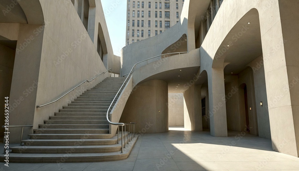 Fototapeta premium Modern building with curved staircase and skyscraper backdrop