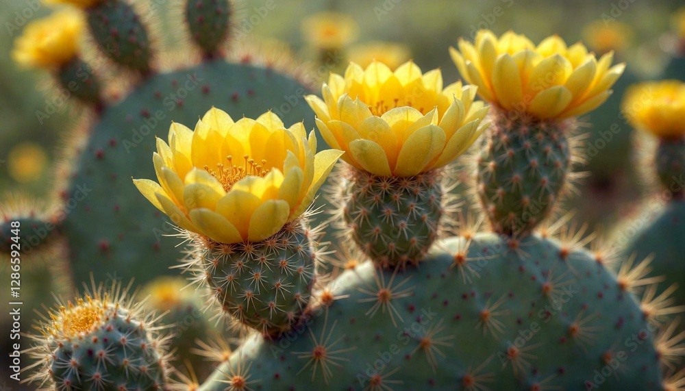 Close-up Yellow Cactus Flowers Blooming Close-up Yellow Cactus Flowers Blooming