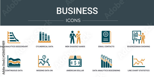 set of 10 outline web business icons such as data analytics descendant graphic, cylindrical data graphic, men shaking hands, email contacts, businessman showing a project sketch, continuous data