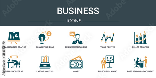 set of 10 outline web business icons such as data analytics graphic on a presentation screen, converting ideas in money, businessman talking about data analysis, value pointer, dollar analysis bars