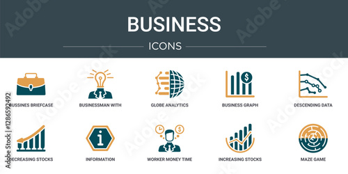set of 10 outline web business icons such as bussines briefcase, businessman with an idea, globe analytics, business graph, descending data analytics line graphic, decreasing stocks bars graphic,