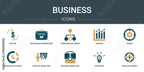 set of 10 outline web business icons such as dollar, rectangular briefcase, hierarchical order, graphs, target, circular pie chart, graphic panel and man vector icons for report, presentation,