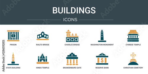 set of 10 outline web buildings icons such as prison, rialto bridge, charles bridge, washington monument, chinese temple, state building, hindu temple vector icons for report, presentation, diagram,