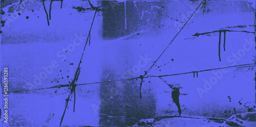 Urban grunge banner background with distress halftone texture, ink drips and splashes. Hand drawn folded paper overlay. Blue vector graffiti punk texture background. Distorted grunge layers.