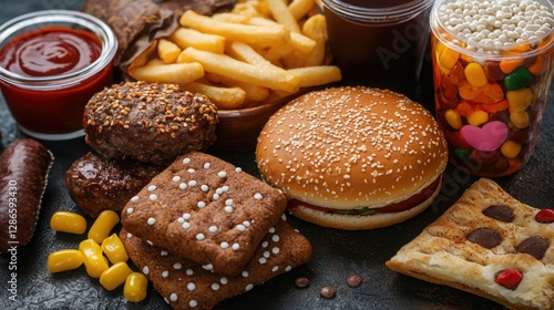 Unhealthy food products, High-calorie assortment for figure, skin, heart and overall well-being featuring burgers, fries, and sweets