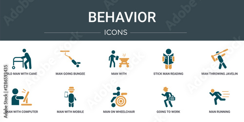 set of 10 outline web behavior icons such as old man with cane, man going bungee jumping, man with, stick reading, throwing javelin, with computer screen, mobile phone vector icons for report,