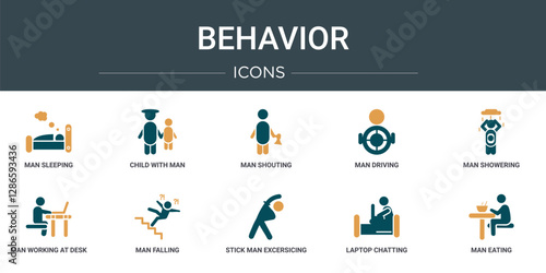 set of 10 outline web behavior icons such as man sleeping, child with man, man shouting, driving, showering, working at desk, falling vector icons for report, presentation, diagram, web design,