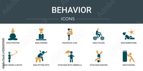 set of 10 outline web behavior icons such as yoga position, man cooking, piggyback a kid, man cycling, man sunbathing, taking a selfie, sitting with headache vector icons for report, presentation,