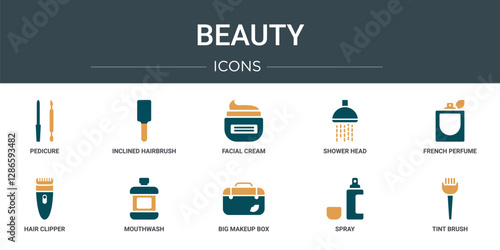 set of 10 outline web beauty icons such as pedicure, inclined hairbrush, facial cream, shower head, french perfume, hair clipper, mouthwash vector icons for report, presentation, diagram, web