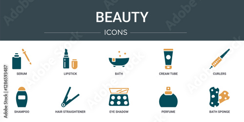 set of 10 outline web beauty icons such as serum, lipstick, bath, cream tube, curlers, shampoo, hair straightener vector icons for report, presentation, diagram, web design, mobile app