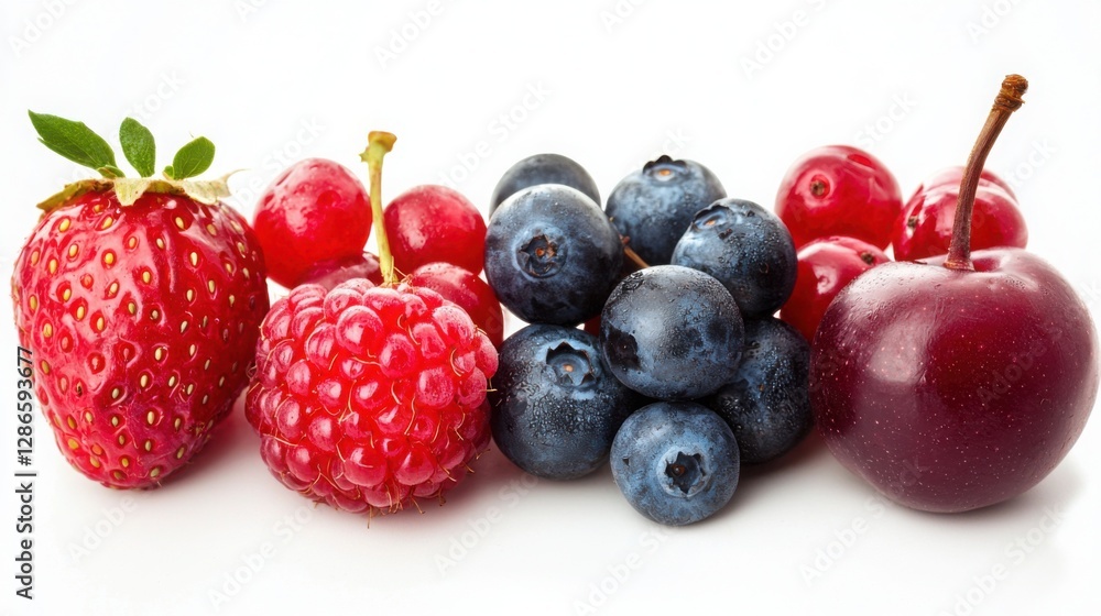 Vibrant Assortment of Fresh Berries and Fruits on a Clean White Surface