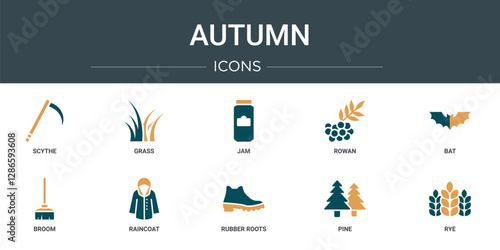 set of 10 outline web autumn icons such as scythe, grass, jam, rowan, bat, broom, raincoat vector icons for report, presentation, diagram, web design, mobile app