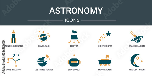set of 10 outline web astronomy icons such as launching shuttle, space junk, dioptra, shooting star, space collision, constellation, destroyed planet vector icons for report, presentation, diagram,