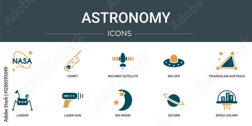 set of 10 outline web astronomy icons such as  , comet, inclined satellite, big ufo, triangulam australe, lander, laser gun vector icons for report, presentation, diagram, web design, mobile app