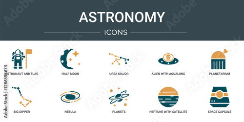 set of 10 outline web astronomy icons such as astronaut and flag, half moon, ursa major, alien with aqualung, planetarium, big dipper, nebula vector icons for report, presentation, diagram, web