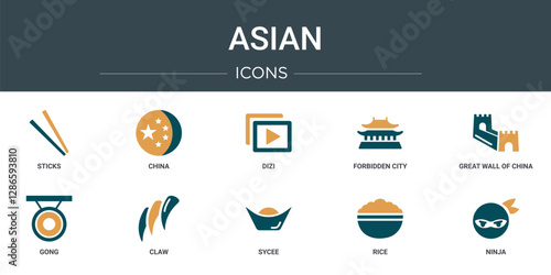 set of 10 outline web asian icons such as sticks, china, dizi, forbidden city, great wall of china, gong, claw vector icons for report, presentation, diagram, web design, mobile app